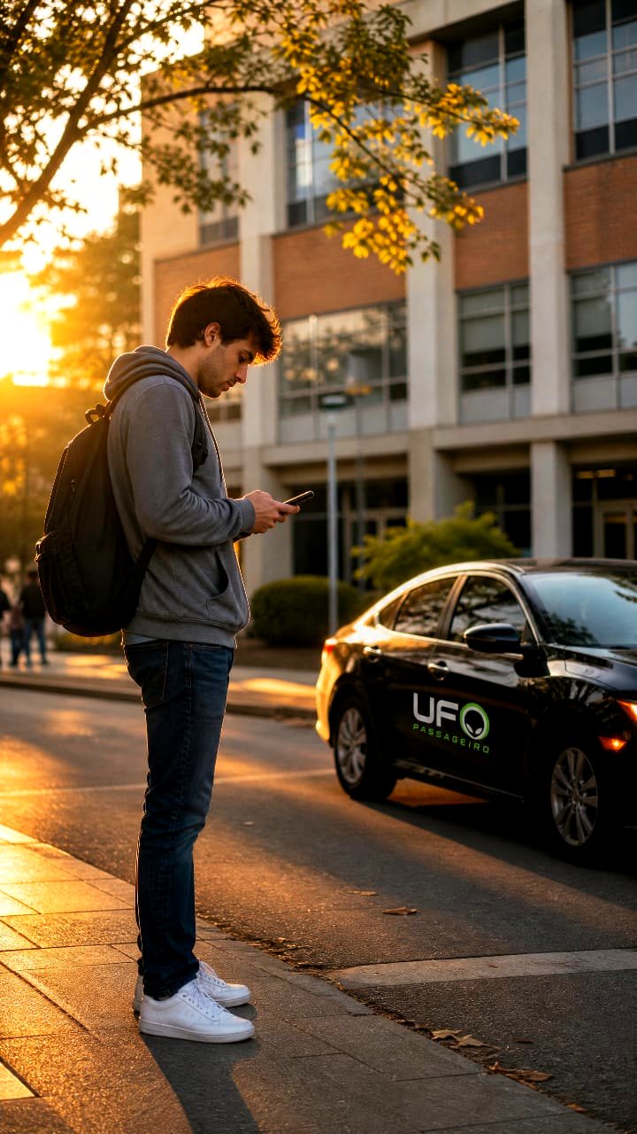 Rapaz pedindo corrida pelo celular ao lado de um carro UFO Passageiro, no fim da tarde